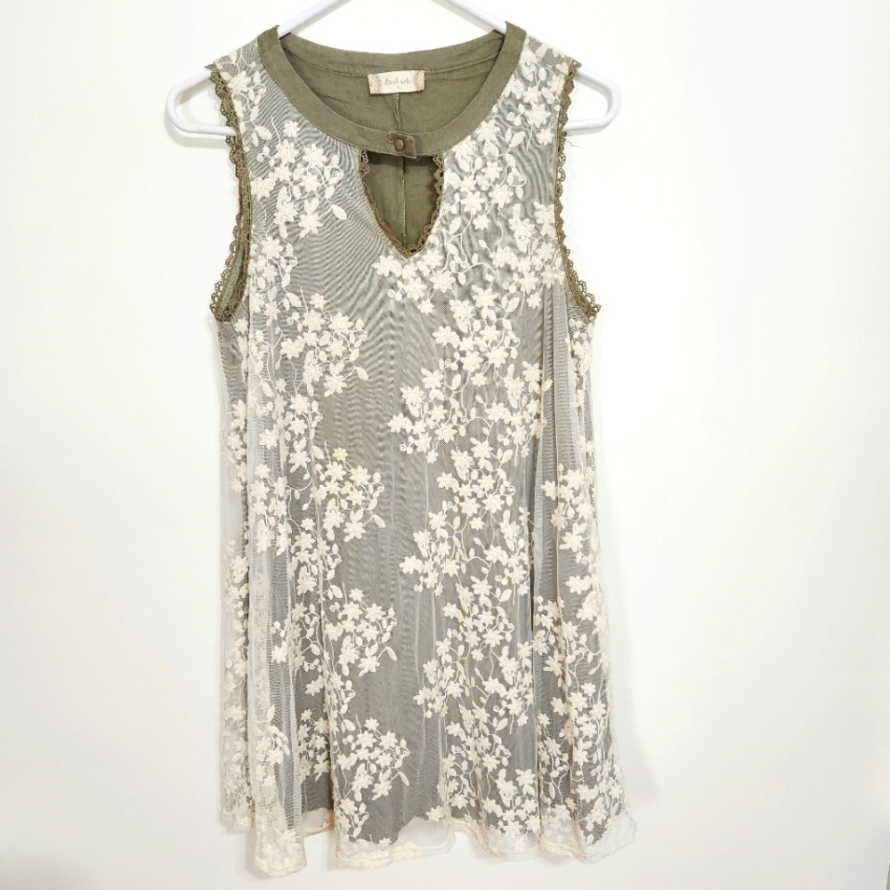Altar'd State | Floral Embroidered Lace Overlay Dress Green Cream Small